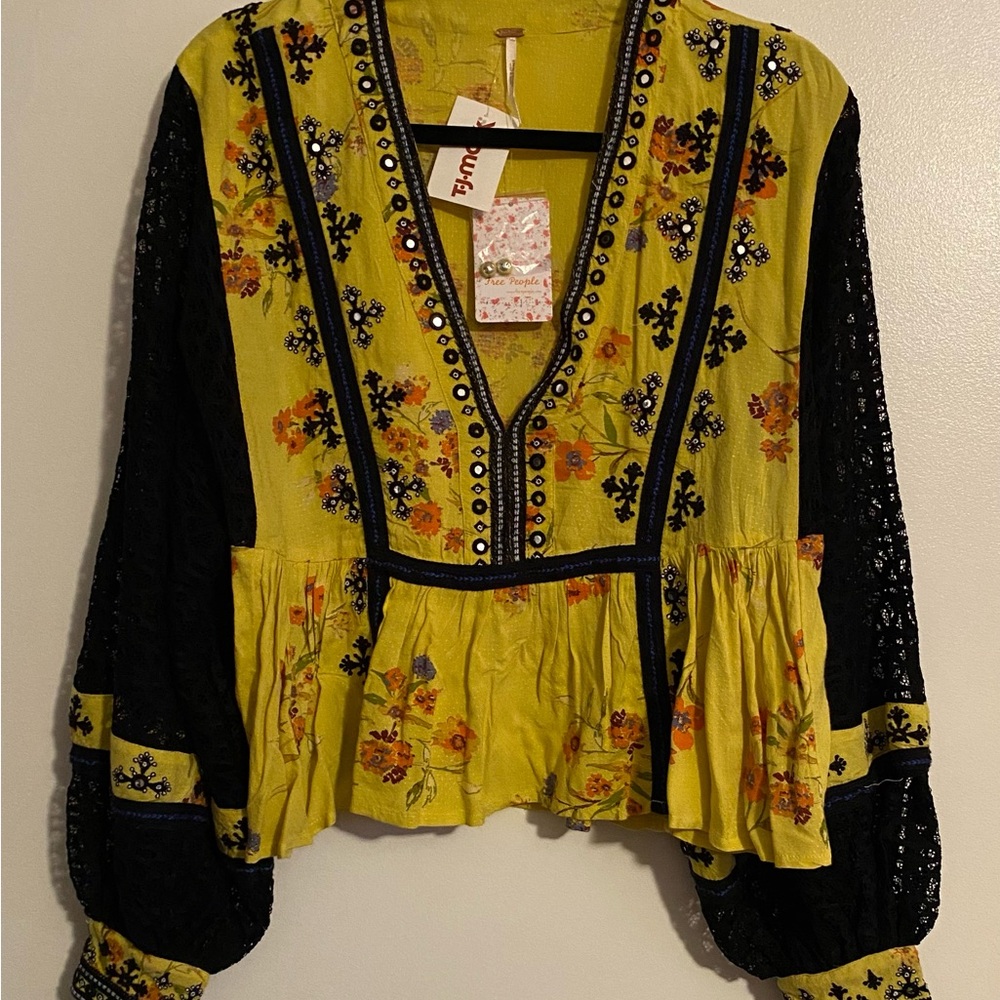 Free People Yellow and Black Embellished Peplum Blouse